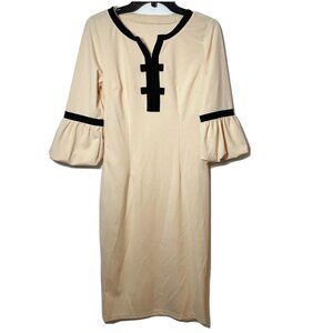 Vintage Split Neck Bowknot Sheath Dress Beige M 3/4 Flare Puff Sleeve Angel Boho